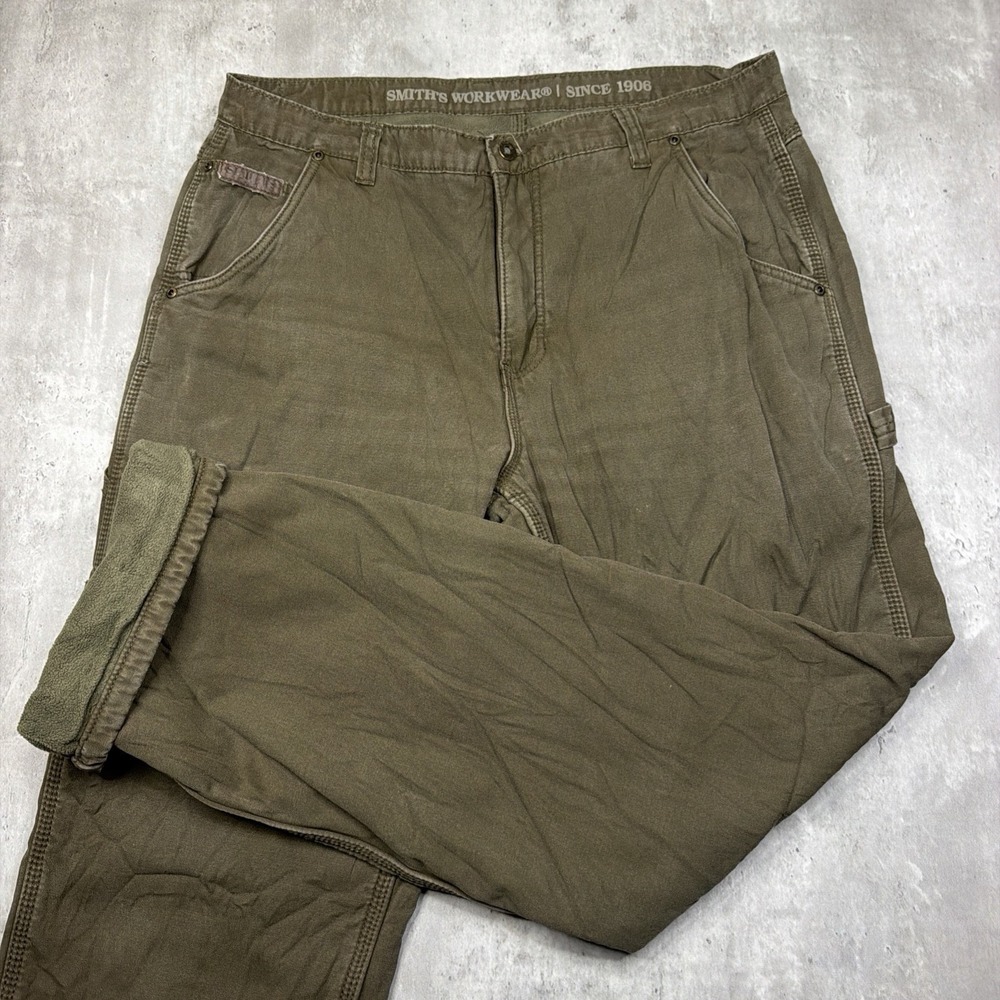 Mens 36X32 SMITH'S Workwear Fleece Lined Olive Brown Pant Cargo Carpenter